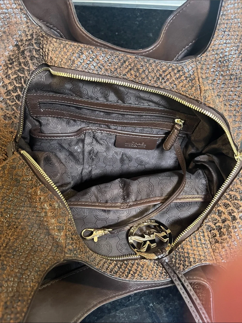 Michael Kors Brown Snakeskin-Texture Shoulder Hobo Bag